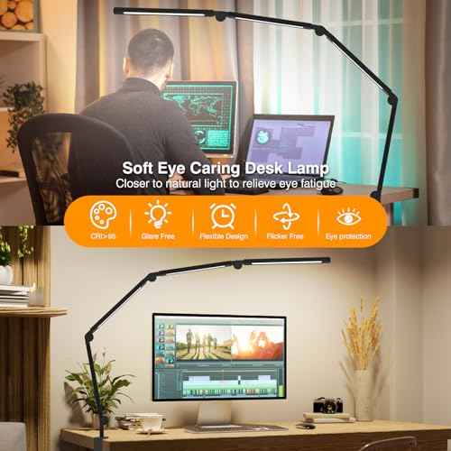 LED Desk Lamp with Clamp, Adjustable Swing Arm for Home Office, Dimmable Tempering Eye Care Table Light, Black Aluminum