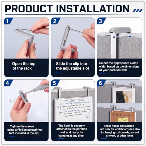 Flutesan 4 Pack Gray Cubicle Whiteboard & Tackboard Hangers with Mounting Screws