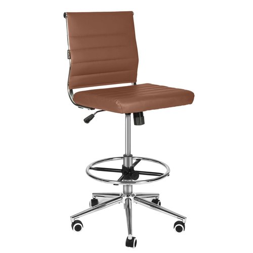 LUCKWIND Drafting Chair Tall Office Chair Ribbed - Mid-Back PU Leather Standing Desk Stool with Adjustable Foot Ring Wide Seat Tilt-Tension Rocker Lumbar Support Swivel Rolling 400lbs, Brown