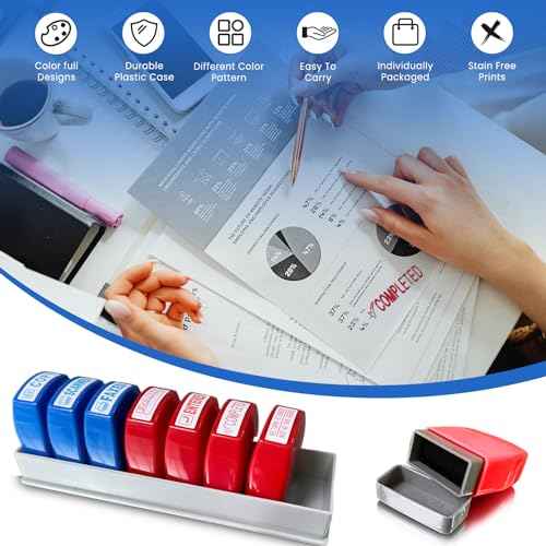 8PCS Office Stamps Set, Rubber Business Stamp in Red and Blue Ink, Copy Paid Scanned Faxed Approved Completed Message Work Stamp with Storage Tray, Christmas Gifts for Finance Staff