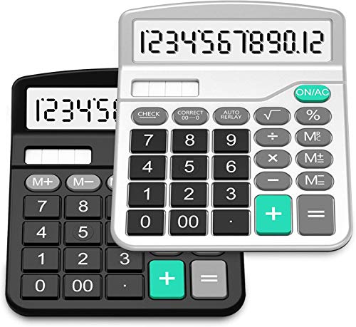 Splaks 2 Pack Desktop Calculators Dual Power Solar & Battery 12-Digit Large Display Black Silver
