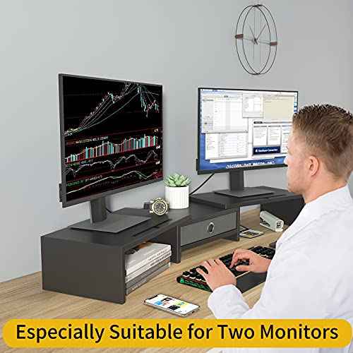 WESTREE Dual Monitor Stand Riser with Drawer, Adjustable Length and Angle Monitor 2 Solts for Phone & Tablet, Desktop Organizer Stand for Computer/Laptop/PC/Printer