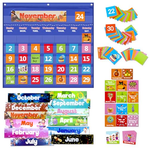 AKAYOK Classroom Calendar Pocket Chart with 88 Cards - Blue, Durable Wall Hanging Learning Tool for Homeschool & Classroom