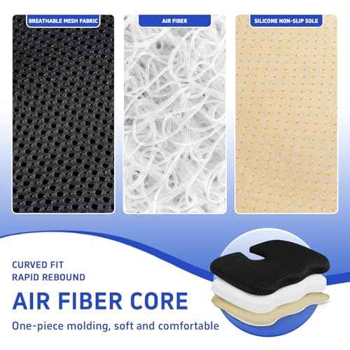 Gooo&Ma Ergonomic Seat Cushion with Air Fiber Core, Office Chair Cushion with Washable Cover & Non-Slip Base for Pressure Relief, Comfort for Long Sitting, Driving, Gaming(Black)
