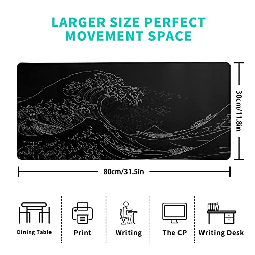 Brecoy Japanese Sea Wave Large Mouse Pad Black Wave of Kanagawa Extended Desk Mat Gaming & Office