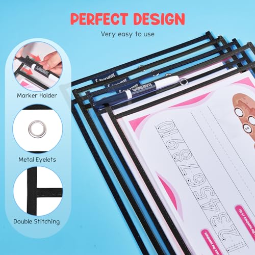 GAMENOTE 30 Pack Dry Erase Pockets 10x14in, Black – Reusable Writing Sleeves with Ring Binders