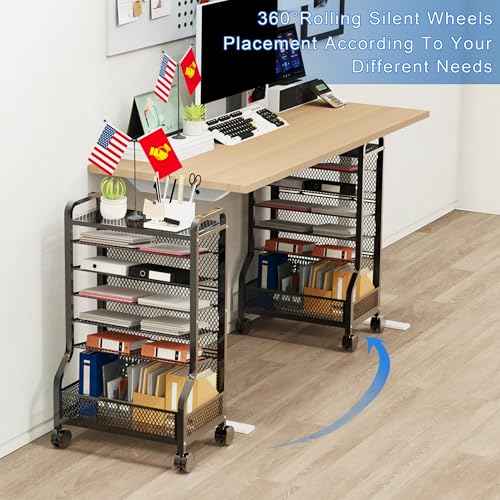 Teacher Rolling Cart Storage Organizer File Folder Rolling File Cart Under Desk 7-Tier Standing File Organizer on Wheels Mesh Paper Letter Sliding Trays for Home Office Study