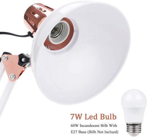 PowerKing Adjustable Metal Swing Arm Desk Lamp - 2-in-1 Function with Base & Clip | White & Rose Gold