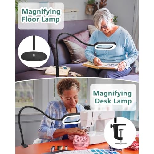 10X Rectangle Magnifying Glass with Light and Stand, 24" Flexible Gooseneck 3-in-1 Floor Lamp, 5 Color Modes Stepless Dimmable, LED Lighted Hands Free Magnifier for Reading Crafts Painting Close Work