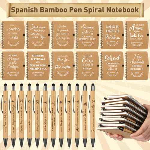 72 Pcs Christian Gifts Bulk Spanish Religious Spiral Prayer Journal Notebooks Bible Verse Bamboo Pens Inspirational Religious Gift Sets Women Men Church Party Favors