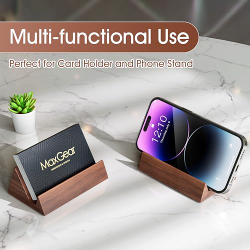 MaxGear Walnut Wood Business Card Holder - Mountain Variation, Elegant Desktop Organizer