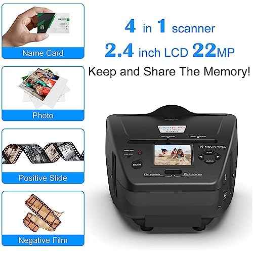 Digital Film & Photo Scanner ? Converts 35mm/135 Slides, Negatives & 3.5x5, 4x6, 5x7 Photos to 22MP JPEG ? Slide & Negative Scanner with 2.4" LCD, 4GB SD Card