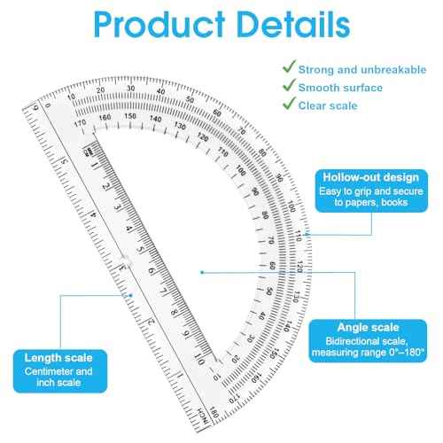10 Pack Clear Protractor, 6 Inch Plastic Protractors, 180 Degrees Accurate Math Geometry Tools for School, Office, Classroom (Clear)