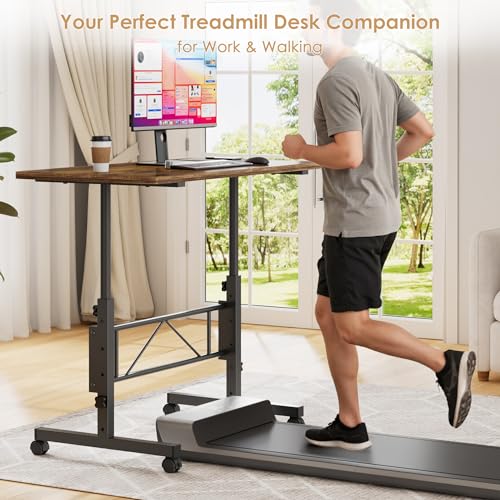 VECELO Small Rolling Standing Desk Adjustable Height, Mobile Stand Up Desk with Wheels, Portable Laptop Desk for Office Workstations, Treadmill Walking Pad, Brown