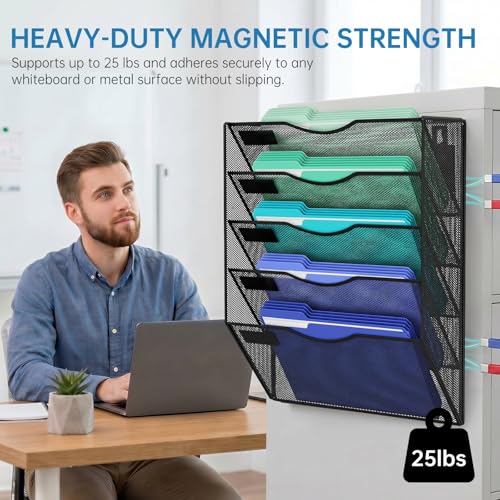 KZWKRG Black 5-Tier Magnetic Wall File Holder - No Drilling Office Organizer
