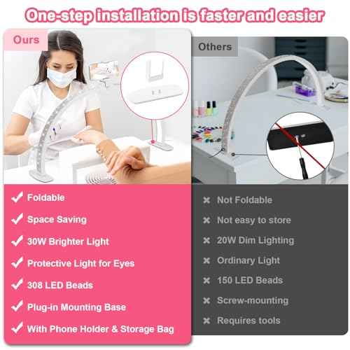 Upgraded Half Moon Light with Phone Holder, 23in Foldable Half Moon Light for Nail Desk, Nail Table Lamp with Stepless Dimming & Color Temperature (Small-23In)