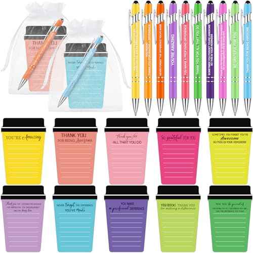 Kosiz 90 Pcs Thank You Coffee Cup Notepads with Ballpoint Pens and Organza Bags Inspirational Notepads Christmas Thank You Gifts for Teacher Employee Staff Team Nurse Christmas Stocking Stuffer Gifts