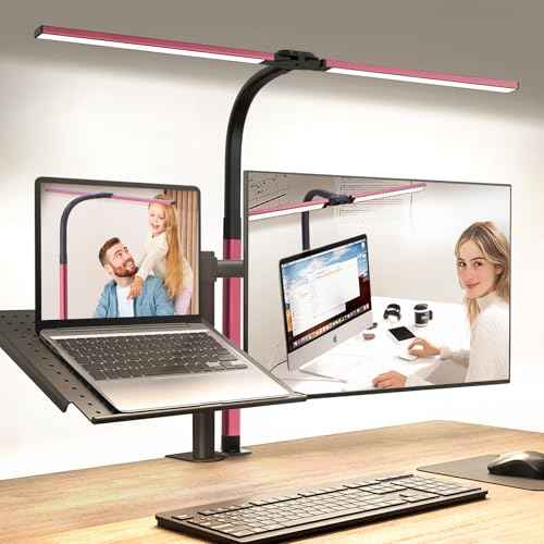 LED Desk Lamp for Home Office, Eye-Caring Desk Light with Clamp, Stepless Dimming 24W Double Head Architect Task Lamp with Remote Control, Flexible Gooseneck for Working Studying Reading Drafting£¨RED)