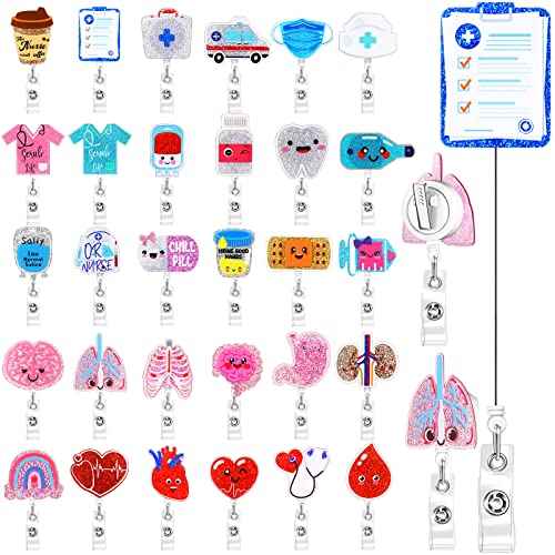 Crtiin 30 Pcs Nurse Badge Reel Bulk Retractable Nurse Badge Holders Medical Nurse Badge Clip Funny Nursing Badge Reel Glitter Brain Hear Badge Reel ID Name Badge Holder for Nursing Appreciation Gift