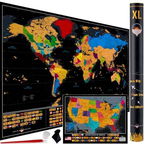 XL Scratch Off World Map with 233 Flags ? 36 x 24 Scratch Off Map of The World + Scratch Off USA Map ? Easy to Frame World Scratch Off Map + Tools ? Travel Map Wall Poster - Deluxe Gift for Travelers (BLACK)