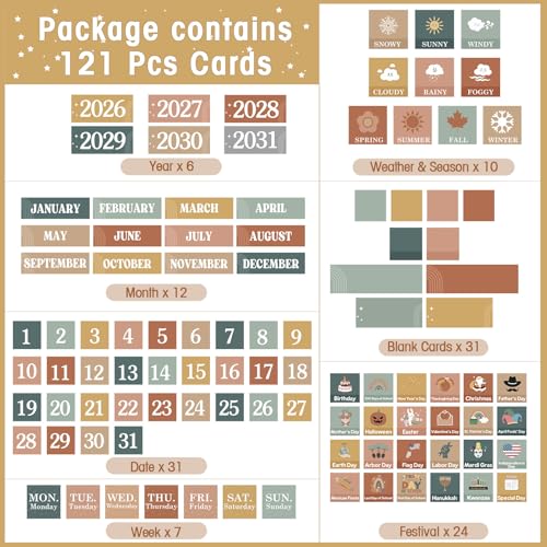 Sinload Linen Color Modern Boho Classroom Calendar Pocket Chart with Cards & Hooks