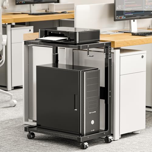 Adjustable Computer Tower Stand 23-28 in Height • Rolling Desk CPU Holder with 4 Hooks
