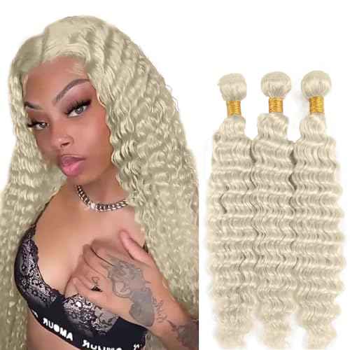 #88 Platinum Blonde Bundles Human Hair Deep Wave Bundles 20 22 24 Inch Platinum Blonde Deep Wave Bundle Unprocessed Brazilian Virgin Weave Hair 3 Bundle 50 Gram Per Bundle