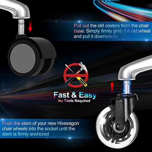Hivexagon 5-Pack Office Chair Caster Set - Heavy Duty Rubber Wheels for Hardwood/Tile/Carpet - RGB Color