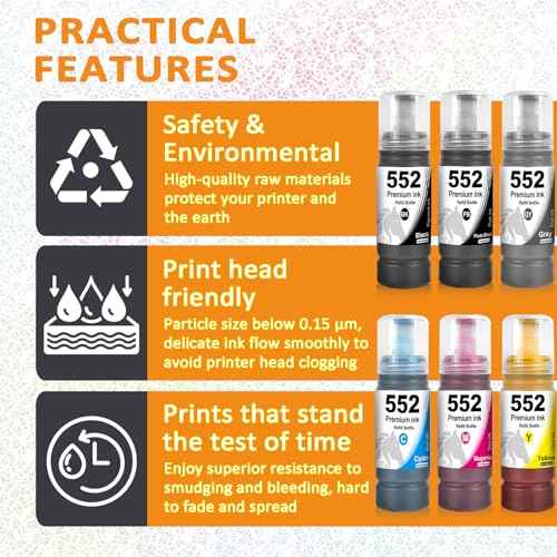 T552 552 Ink Refill Bottles T552920 Replacement for 8550 ET-8550 8500 ET-8500 Printer (Black, Photo Black, Cyan, Magenta, Yellow, Gray, 6-Pack)