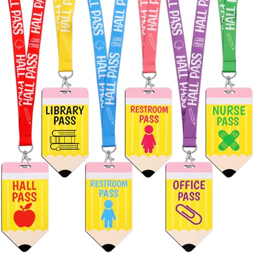 Classroom Hall Passes with Lanyards - 6 Pack, Wooden & Colorful Polyester Straps