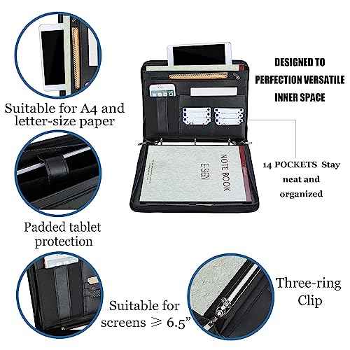 IVESIGN Zippered Padfolio Binder, Faux Leather Organizer with 3-Ring Binder, Left-Handed Design, Business Card Slots & Document Folders - Professional Padfolio for Office (Black)