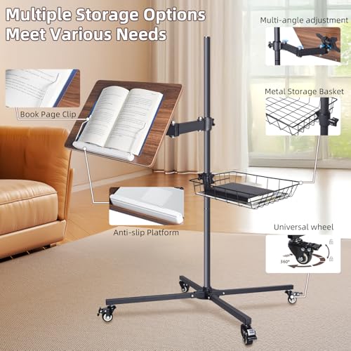 Mobile Book Stand with Storage Basket, Height Adjustable Reading Stand with Wheels, Wood and Metal