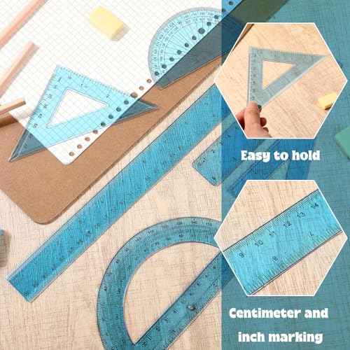 Tenare 1 Set Plastic Clear Math Set Includes Protractor Triangle Rulers 12 Inch 6 Inch Straight Geometry Math Transparent Ruler Measuring Tool for School Office Home Supplies(Blue)