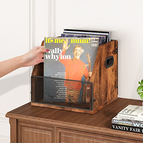 Homeiju Vinyl Record Storage, Record Box Case Crate, Vinyl Record Album Holder, Desktop Metal & Wooden LP Record Crate, Holds up to 60 Records£¨Patent No.D1024563