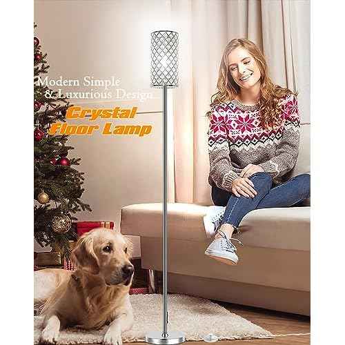 Crystal Floor Lamps - Modern Silver Standing Lamp with 3 CCT LED Bulbs for Elegant Home Decor Living Room and Bedroom Lighting