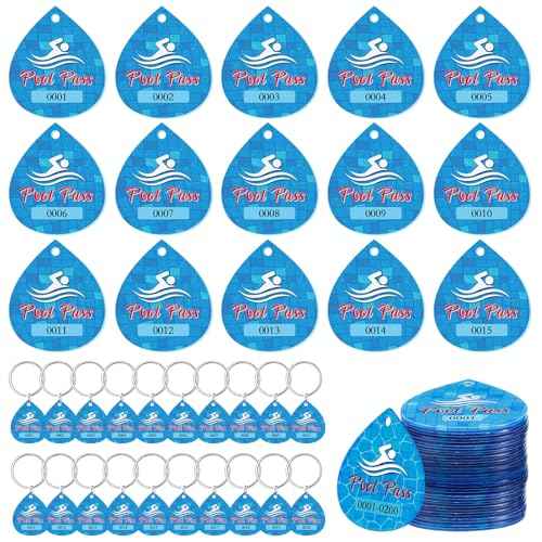 Honoson 200 Pcs Pool Pass Tags with Consecutive Numbers 0001-0200 Water Drop Shape Pool Keychain with Ring
