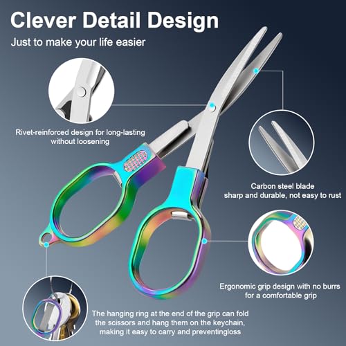 BSADIY Colored Mini Folding Stainless Steel Badge Scissors with Keychains - 2 Pack