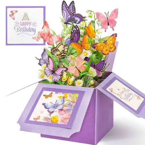 Birthday Cards for Women, Butterfly Pop Up Card Box, Happy Birthday Gifts Cards for Women, Daughter, Mom, Sister, Friend, Butterflies & Flowers Greeting Card with Blank Notecard & Envelope
