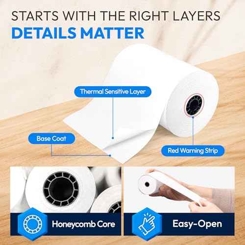3 1/8" x 230' Thermal Paper (20 Rolls), BPA Free Receipt Paper, Fits Most Credit Card Machines POS & Cash Registers, High Compatibility, Bright White, Honeycomb Core, Durable Printing