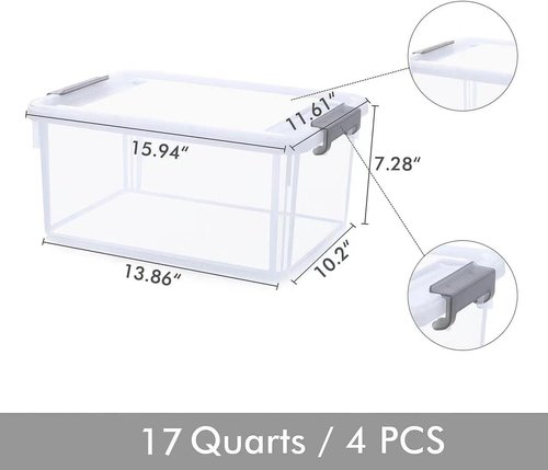 Citylife 17 QT Plastic Storage Bins - Stackable Latching Containers for Organizing Garage, Closet & Kitchen | 4 Pack