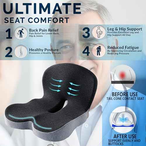 Memory Foam Seat Cushion for Truck Drivers Car Seat & Office Chairs Ergonomic Chair Cushion for Back Pain, Sciatica & Tailbone Relief ? Non-Slip Cover, Long Sitting Support & Driving (Gray)