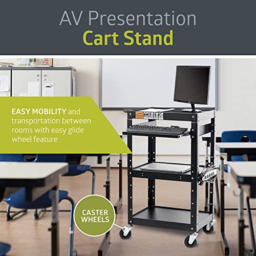 Pearington AV Presentation Cart Stand for Video Projector, TV, Laptop + 4-Outlet Power Strip (Variation: AV Cart) – Steel, 4 Shelves, 12ft Cord, Black