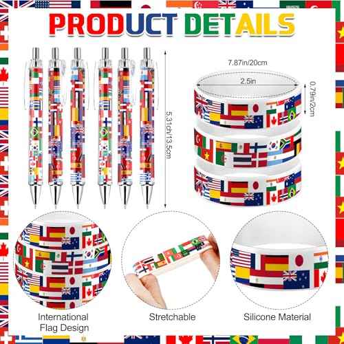 144 Pcs Around the World Party Favors International Flag Retractable Pens Country Flag Rubber Bracelets Multicultural Classroom Christmas Holiday Around the World Decorations