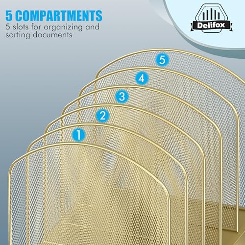 Delifox Gold Inclined Desk File Organizer, 5 Compartments, Office Desktop Storage