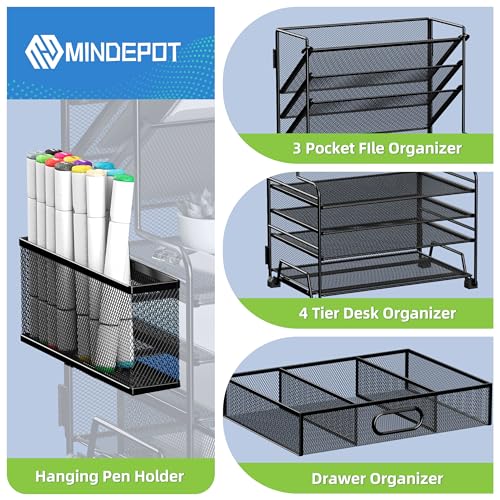 MINDEPOT Black 4-Tier Paper Organizer with 3-Pocket File Holder & Drawer for Office & Classroom