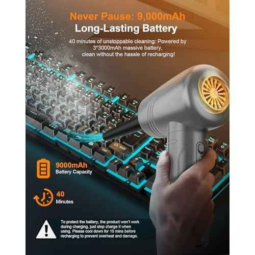 BNKKY 11-in-1 Compressed Air Duster, 3-Gear Adjustable 120000 RPM Electric Air Duster with LED Light, Reusable no Canned Keyboard Cleaner for Office, 9000mAh Cordless Air Duster for Computer/Car