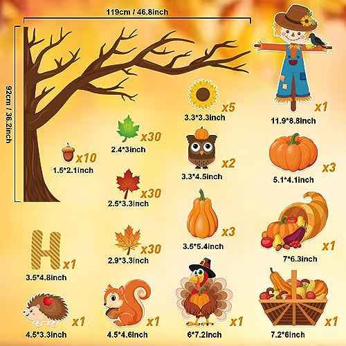 Fall Tree Bulletin Board Decorations for Classroom,Fall Autumn Thanksgiving Classroom Decorations with Big Tree Pumpkin Maple Leaf Turkey Scarecrow Cutout for School Home Chalkboard Wall Decor 136PCS