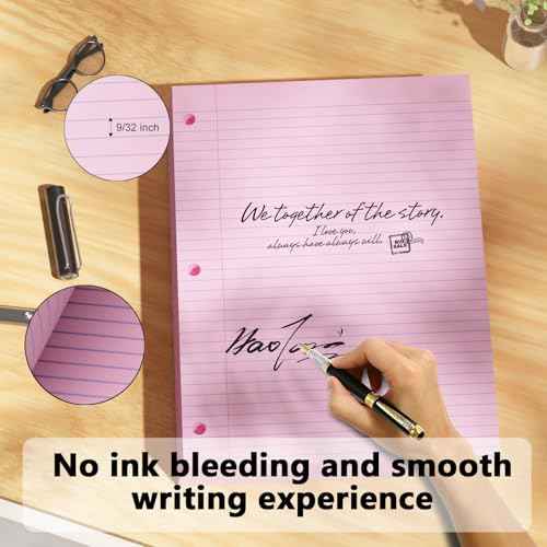 Pink Loose Leaf Paper 100 Sheets Colored Filler Paper 8 * 10.5 College Ruled 3-Hole Punched Paper for 3-Ring Binders Notebook Lined 8" x 10.5"