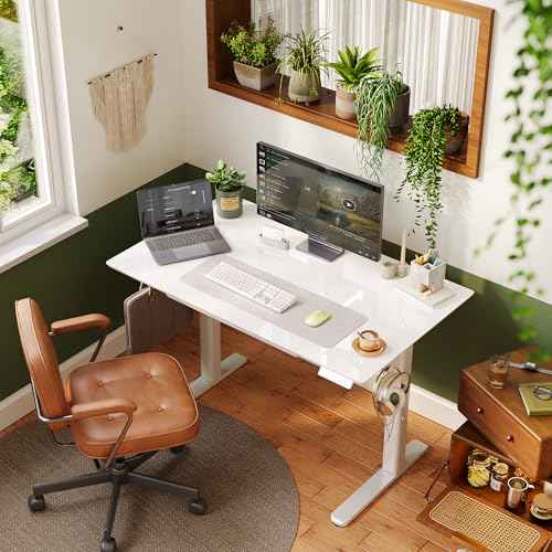 INNOVAR Glass Standing Desk with Drawers, 48¡¿24 Inch Adjustable Stand Up Desk Quick Install Home Office Computer Desk, White