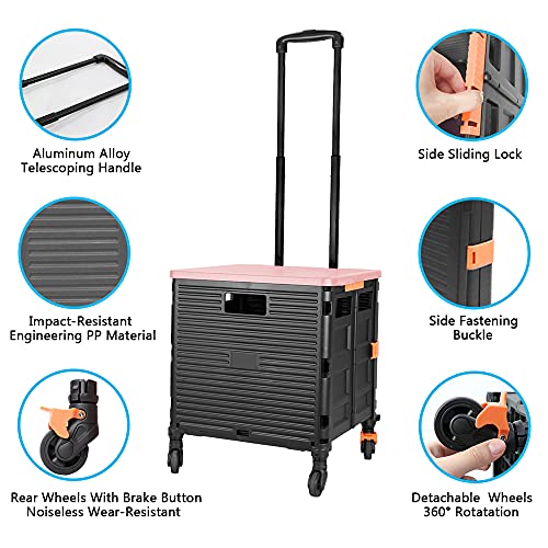 Quick Utility Cart Folding Portable Rolling Crate Handcart with Durable Heavy Duty Plastic Telescoping Handle Collapsible 4 Rotate Wheels for Travel Shopping Moving Luggage Office Use (black&pink lid)